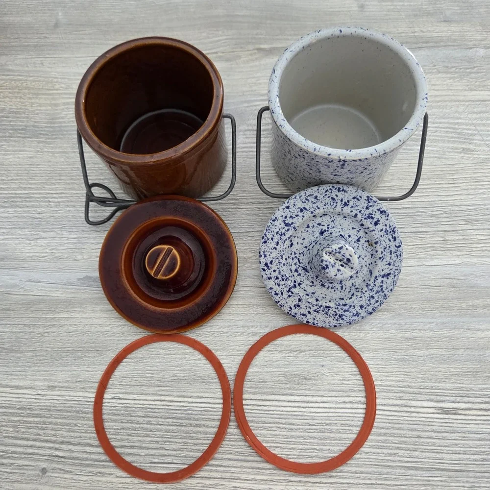 Mini Stoneware Crocks Brown and Blue Spatterware Farmhouse Set of 2